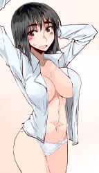 Rule 34 | 00s, 1girl, arms up, black eyes, black hair, blush, breasts, cleavage, cosaten, cowboy shot, highres, large breasts, looking at viewer, navel, open clothes, open mouth, open shirt, panties, school rumble, shirt, simple background, smile, solo, suou mikoto (school rumble), sweatdrop, thighs, underwear, white panties