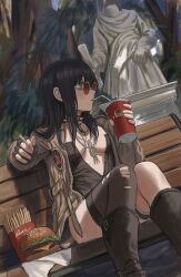 Rule 34 | 1girl, absurdres, bench, black choker, black footwear, black gloves, black hair, black leotard, black thighhighs, boots, breasts, burger, choker, cleavage, cup, day, disposable cup, drinking, fingerless gloves, food, french fries, gloves, gold can, green eyes, highres, holding, holding cup, jewelry, knee boots, large breasts, leotard, long hair, looking away, looking to the side, necklace, original, outdoors, park bench, red-tinted eyewear, round eyewear, single thighhigh, sitting, solo, spiked choker, spikes, statue, sunglasses, thighhighs, tinted eyewear, torn clothes, torn thighhighs