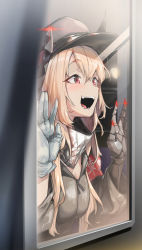 Rule 34 | 1girl, against window, armband, blush, commentary request, girls&#039; frontline, gloves, hair between eyes, happy, hat, headgear, highres, light brown hair, long hair, m4 sopmod ii (girls&#039; frontline), mechanical arms, open mouth, peaked cap, red eyes, scarf, sd bigpie, single glove, single mechanical arm, solo, teeth, upper body, white gloves