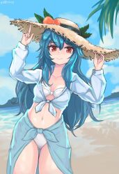 Rule 34 | 1girl, beach, bikini, blue hair, d0tstep, hat, highres, hinanawi tenshi, long hair, ocean, palm tree, red eyes, shirt, straw hat, swimsuit, tied shirt, touhou, tree