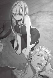 Rule 34 | 1boy, 1girl, absurdres, aslaug (fate), breasts, dress, fate:lost einherjar, fate (series), feet, grey hair, greyscale, highres, husband and wife, large breasts, looking down, miwa shirow, monochrome, non-web source, official art, ragnar lodbrok (fate), resized, scar, scar on face, short hair, sleeping, upscaled