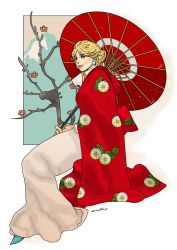Rule 34 | 1girl, bad id, bad pixiv id, blonde hair, erina pendleton, japanese clothes, jojo no kimyou na bouken, kimono, parasol, simple background, solo, tanaka kaori, umbrella