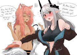 Rule 34 | 2girls, animal ear fluff, animal ears, arknights, barcode, barcode tattoo, bare shoulders, black jacket, breasts, clenched hand, closed eyes, commentary, dark skin, dokonjou (odossan), gravel (arknights), grey hair, hair censor, jacket, long hair, looking at viewer, medium breasts, mudrock (arknights), multiple girls, navel, off shoulder, open mouth, pink hair, pointy ears, red eyes, simple background, speech bubble, sports bra, stomach, tattoo, topless, very long hair, white background