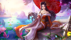 Rule 34 | 1girl, absurdres, black hair, blue eyes, bug, building, butterfly, closed mouth, dress, falling petals, fan 8, flower, fog, glowing butterfly, highres, holding, holding umbrella, insect, lily pad, long hair, long sleeves, lotus, off-shoulder dress, off shoulder, outdoors, petals, qinshi mingyue, second-party source, sitting, solo, tree, umbrella, water, yanling ji (qin shi ming yue)