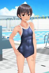 Rule 34 | 1girl, absurdres, black hair, blue one-piece swimsuit, blue sky, brown eyes, cloud, commentary request, competition school swimsuit, covered navel, day, feet out of frame, hand on own hip, highres, lane line, one-piece swimsuit, original, outdoors, pool, pool ladder, school swimsuit, short hair, sky, solo, standing, starting block, string of flags, swimsuit, takafumi, tan, tomboy, variant set