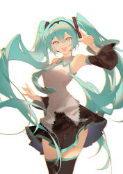 Rule 34 | 1girl, :d, absurdres, black skirt, black thighhighs, blue eyes, blue hair, blue nails, blue necktie, breasts, collared shirt, cowboy shot, floating hair, frilled shirt, frills, hair between eyes, hand up, hatsune miku, highres, indai (3330425), large breasts, legs together, looking at viewer, microphone, miniskirt, nail polish, necktie, open mouth, pleated skirt, shirt, simple background, skirt, sleeveless, sleeveless shirt, smile, solo, teeth, thighhighs, thighs, tie clip, upper teeth only, vocaloid, white background, white shirt, zettai ryouiki