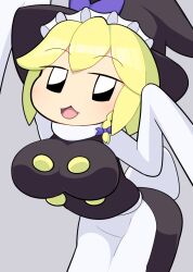 Rule 34 | 1girl, apron, black headwear, black skirt, black vest, blonde hair, blush, bow, braid, breasts, buttons, commentary request, cookie (touhou), cowboy shot, grey background, hair bow, hat, hat bow, hospital king, kirisame marisa, large breasts, leaning forward, medium bangs, open mouth, purple bow, shirt, short hair, side braid, simple background, single braid, skirt, skirt set, sleeves past fingers, sleeves past wrists, touhou, vest, waist apron, white apron, white shirt, witch hat, yuuhi (cookie)