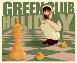 Rule 34 | 1girl, black eyes, black footwear, black hair, blending, checkered floor, chess piece, collared shirt, english text, expressionless, green headwear, green sweater vest, hair over shoulder, hat, highres, king (chess), long hair, long sleeves, looking at viewer, necktie, original, pants, ponytail, red necktie, rubber duck, santa hat, shadow, shirt, shoes, solo, sweater vest, syooooyoooo, white pants, white shirt