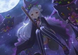 Rule 34 | 1girl, absurdres, black cape, black hat, blouse, blush, breasts, broom, broom riding, brown eyes, cape, from below, grey hair, grin, hair bun, hair ornament, hat, highres, hololive, long hair, looking at viewer, moon, murasaki shion, murasaki shion (1st costume), night, night sky, shima6644, shiokko (murasaki shion), shirt, shoes, single hair bun, sky, smile, solo, star (sky), starry sky, striped clothes, striped legwear, striped shirt, striped thighhighs, thighhighs, v-shaped eyebrows, vertical-striped clothes, vertical-striped legwear, vertical-striped shirt, vertical-striped thighhighs, very long hair, virtual youtuber, witch hat