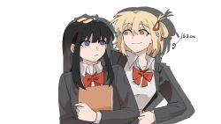 Rule 34 | 2girls, black hair, black jacket, blonde hair, book, bright pupils, chinese commentary, closed mouth, collared shirt, commentary request, hair ribbon, headpat, height, highres, holding, holding book, hugging book, hugging object, inoue takina, jacket, long hair, long sleeves, looking at another, lycoris recoil, medium hair, multiple girls, nishikigi chisato, one side up, open clothes, open jacket, orange eyes, purple eyes, red ribbon, ribbon, school uniform, shadow, shirt, simple background, smile, upper body, white background, white pupils, white shirt, yanlingjinshilihuahua