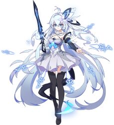 Rule 34 | 1girl, ahoge, black footwear, blue eyes, boots, braid, closed mouth, dress, full body, holding, holding weapon, honkai (series), honkai impact 3rd, long hair, official art, pointy ears, shigure kira, solo, thigh boots, third-party source, weapon, white dress, white hair