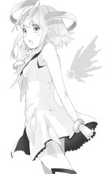 Rule 34 | 1girl, aria (vocaloid), bad id, bad pixiv id, blush, booota, buuta, detached wings, dress, greyscale, gumi, monochrome, short dress, short hair, simple background, solo, vocaloid, wings
