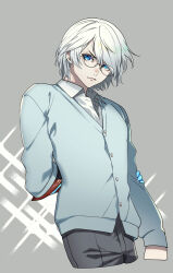 Rule 34 | 1boy, bishounen, blue eyes, closed mouth, collared, collared shirt, cowboy shot, devil may cry, devil may cry (series), devil may cry 4, hair over one eye, highres, holding, long sleeves, looking at viewer, male focus, nero (devil may cry), pale skin, shirt, sleeves past wrists, solo, standing, sweater, upper body, white hair, white shirt, yuusya27