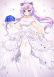 Rule 34 | 1girl, absurdres, ahoge, animal ears, bare shoulders, bell, blue eyes, blue flower, blue rose, blunt bangs, bouquet, breasts, bridal veil, bride, cang se ye hua, cat ears, cat tail, choker, closed mouth, collarbone, commentary, converse (warship girls r), dress, feet out of frame, flower, frilled dress, frills, garter straps, hair ornament, hair ribbon, hairclip, highres, holding, holding bouquet, knees together feet apart, long hair, looking at viewer, neck bell, off shoulder, outstretched hand, petals, pink ribbon, purple hair, ribbon, rose, simple background, smile, solo, symbol-only commentary, tail, thighhighs, twintails, veil, warship girls r, wedding dress, white background, white choker, white dress, white flower, white ribbon, white rose