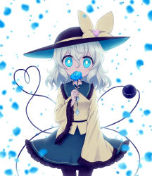 Rule 34 | 1girl, blue eyes, blue flower, blue rose, bow, covering own mouth, falling petals, flower, frilled shirt collar, frilled skirt, frills, grey hair, hat, hat bow, hat ribbon, heart, heart of string, highres, holding, holding flower, koishi day, komeiji koishi, large hat, long hair, long sleeves, looking at viewer, miruki, pantyhose, petals, ribbon, rose, skirt, sleeves past wrists, solo, third eye, touhou, wide sleeves