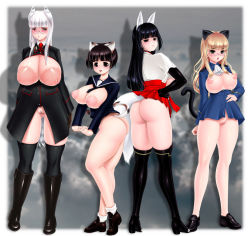Rule 34 | 4girls, anabuki tomoko, animal ears, ass, black hair, black legwear, blonde hair, boots, breasts, breasts out, cat ears, cat girl, cat tail, chichi kurage ss, cleft of venus, elbow gloves, female focus, glasses, gloves, heidimarie w. schnaufer, inverted nipples, large areolae, large breasts, long hair, miniskirt, miyafuji yoshika, multiple girls, nipples, no bra, no panties, perrine h. clostermann, puffy nipples, pussy, shirt, shoes, short hair, skirt, standing, strike witches, tail, thighhighs, uncensored, uniform, white hair, world witches series
