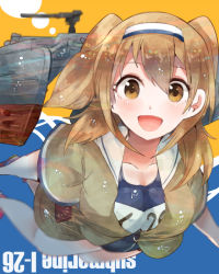 Rule 34 | 10s, 1girl, :d, breasts, brown eyes, cannon, clothes writing, hairband, i-26 (kancolle), itomugi-kun, kantai collection, light brown hair, long hair, looking at viewer, machinery, name tag, new school swimsuit, one-piece swimsuit, open clothes, open mouth, sailor collar, school swimsuit, short sleeves, smile, solo, swimsuit, swimsuit under clothes, turret, two-tone hairband, two side up