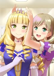 Rule 34 | 2girls, bead necklace, beads, blonde hair, blue eyes, blunt bangs, blush, crown, dress, drill hair, elbow gloves, eyebrows, gloves, green eyes, grey hair, happy, heanna sumire, highres, jewelry, long hair, love live!, love live! superstar!!, multiple girls, necklace, nonfiction!! (love live!), open mouth, puffy short sleeves, puffy sleeves, purple dress, qy73, short hair, short sleeves, smile, tang keke, teeth, tiara, upper teeth only, white gloves, yuri