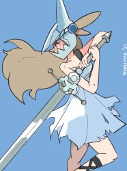 Rule 34 | 1girl, artist name, bare arms, blue background, brown eyes, brown hair, commentary, commission, creatures (company), dirty, dress, floating hair, game freak, grey dress, helmet, holding, holding sword, holding weapon, jasmine (pokemon), leg up, long hair, looking back, nintendo, pokemon, pokemon gsc, simple background, sleeveless, sleeveless dress, solo, sooperman, sword, torn clothes, torn dress, two-handed sword, weapon