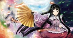 Rule 34 | 1girl, bamboo, black hair, bow, bowtie, danmaku, floral print, folding fan, frilled kimono, frilled skirt, frills, full moon, hand fan, highres, hime cut, holding, houraisan kaguya, japanese clothes, kimono, long hair, looking at viewer, moon, night, night sky, outstretched arm, rainbow order, sinzan, skirt, sky, smug, solo, star (sky), starry sky, touhou, very long hair
