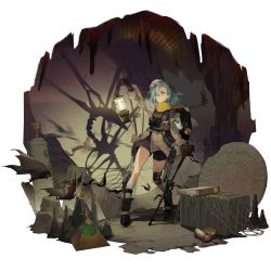 Rule 34 | 1girl, archeology, backpack, bag, bat (animal), binder, blue hair, boots, braid, breasts, camera, camera around neck, cane, case, chalice, cup, exoskeleton, eye of providence, fern (neural cloud), french braid, full body, game cg, girls&#039; frontline, girls&#039; frontline neural cloud, glasses, gloves, highres, holding, holding lantern, jacket, knee brace, lantern, mayan calendar, official art, red eyes, scarf, shadow, shorts, small breasts, solo, stalagmite, transparent background, white legwear, yellow scarf
