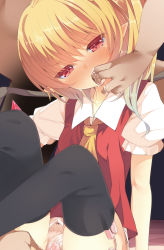 Rule 34 | 1girl, ascot, black thighhighs, blonde hair, blush, crying, crying with eyes open, crystal, finger in another&#039;s mouth, flandre scarlet, hetero, highres, looking at viewer, nigo (aozoragarou), no headwear, nose blush, open mouth, panties, pointy ears, puffy short sleeves, puffy sleeves, red eyes, saliva, sex toy, short sleeves, side ponytail, solo focus, tears, thighhighs, touhou, underwear, vibrator, vibrator in thighhighs, wet, wet clothes, wet panties, white panties, wings