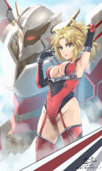 Rule 34 | 1girl, 2021, arm up, blonde hair, breasts, dated, elbow gloves, fate/grand order, fate (series), gloves, green eyes, highres, keisuke desu~, leotard, looking at viewer, mecha, medium breasts, mordred (fate), mordred (fate/apocrypha), ponytail, robot, solo, thighhighs, translation request