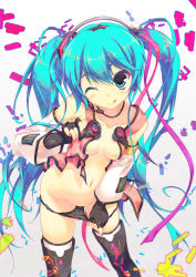 Rule 34 | 1girl, ;q, aoi sora-maru, aqua eyes, aqua hair, black panties, black thighhighs, blush, breasts, collarbone, fingerless gloves, freely tomorrow (vocaloid), gloves, groin, hair ornament, hatsune miku, highres, long hair, looking at viewer, nail polish, navel, one eye closed, panties, panty pull, project diva (series), project diva f, pulled by self, solo, star voice (module), thighhighs, tongue, tongue out, twintails, underwear, very long hair, vocaloid, wink