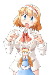 Rule 34 | 1girl, alice margatroid, apron, arms up, arnest, blonde hair, blue dress, blue eyes, bow, breasts, dress, hair bow, hairband, large breasts, lolita hairband, long sleeves, naked shirt, open mouth, shanghai doll, shirt, simple background, smile, touhou, translated, waist apron, white background, | |