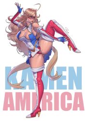 Rule 34 | 1girl, ahoge, bare shoulders, blonde hair, blue eyes, boots, breasts, cleavage, cleavage cutout, clothing cutout, copyright name, covered navel, detached sleeves, domino mask, fighting stance, fingerless gloves, full body, gloves, gluteal fold, high heel boots, high heels, highres, kamen america, kamen america (comic), large breasts, leg up, leotard, lips, long hair, mask, navel, parted bangs, pleated skirt, showgirl skirt, signature, simple background, skirt, solo, some1nex, standing, standing on one leg, thigh boots, tight clothes, very long hair, white background