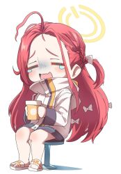 Rule 34 | 1girl, ahoge, blue archive, bow, chair, closed eyes, drink, drinking straw, full body, hair bow, halo, highres, holding, holding drink, jacket, kirigakure (iroiro tsukauyo), long hair, long sleeves, open mouth, red hair, simple background, sitting, slippers, solo, tears, white background, white bow, white jacket, yellow halo, yuzu (blue archive)