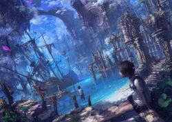 Rule 34 | 1boy, 1girl, absurdres, architecture, black hair, braid, cloud, gothic architecture, harbor, highres, jewelry, lamp, necklace, original, palace, reishin (tenpurasoba), revision, ruins, scenery, ship, shipwreck, short hair, sitting, skirt, sky, water, watercraft