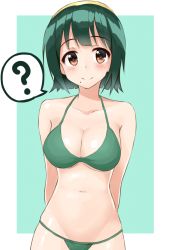 Rule 34 | 1girl, ?, arms behind back, bare shoulders, bikini, blunt bangs, border, breasts, brown eyes, cleavage, closed mouth, collarbone, cowboy shot, eyebrows, green background, green bikini, green hair, hairband, idolmaster, idolmaster (classic), large breasts, looking at viewer, mole, mole under mouth, navel, otonashi kotori, shiny skin, shunichi, simple background, skindentation, smile, solo, spoken question mark, standing, stomach, swimsuit, tareme, white border