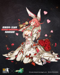 Rule 34 | 1girl, blush, breasts, character name, cleavage, closed eyes, copyright name, crossover, dress, elphelt valentine, embers, flower, full body, girls&#039; frontline, guest character, guilty gear, guilty gear xrd, hairband, heart, highres, holding, kneeling, large breasts, official alternate costume, official art, open mouth, petals, pink hair, red flower, red rose, rose, scroll, short hair, smile, solo, spiked hairband, spikes, swept bangs, teeth, wedding dress, white dress, white legwear, zagala