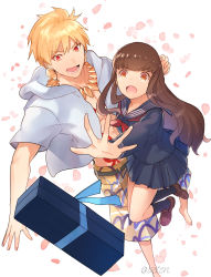 Rule 34 | 1boy, 1girl, abs, aoten (aoiroarekore), artist name, black sailor collar, black serafuku, black skirt, blonde hair, body markings, brown eyes, brown hair, collared shirt, earrings, falling petals, fate/extra, fate/extra ccc, fate (series), gilgamesh (fate), highres, hood, hood down, hooded shirt, jewelry, kishinami hakuno (female), long hair, neckerchief, necklace, official alternate costume, open clothes, open mouth, open shirt, outstretched hand, petals, reaching, red eyes, sailor collar, school uniform, serafuku, shirt, short hair, shorts, skirt, toned, toned male, white background, white shirt