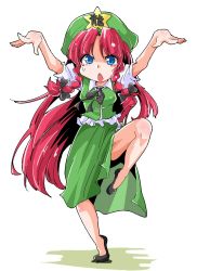 Rule 34 | 1girl, blue eyes, braid, fighting stance, hat, highres, hong meiling, long hair, open mouth, red hair, shinapuu, solo, touhou, twin braids, very long hair