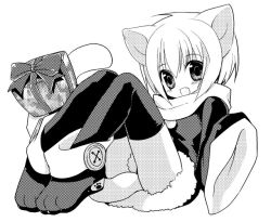 Rule 34 | 1boy, animal ears, animal hands, box, buttons, cat boy, cat ears, christmas, fang, full body, fur trim, gift, gift box, greyscale, kamiyoshi rika, male focus, monochrome, original, paw print, solo, tail, thighhighs, thoto, trap, white background