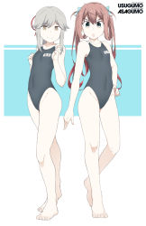 Rule 34 | 2girls, alternate costume, asagumo (kancolle), bare legs, barefoot, black one-piece swimsuit, brown eyes, brown hair, character name, collarbone, competition swimsuit, full body, grey eyes, grey hair, hair between eyes, hair ribbon, kantai collection, long hair, multiple girls, name tag, one-piece swimsuit, open mouth, red ribbon, ribbon, shigino sohuzi, smile, swimsuit, twintails, usugumo (kancolle)