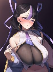 Rule 34 | 1girl, absurdres, alternate breast size, black hair, black shirt, blush, bodam, breasts, closed mouth, earrings, goddess of victory: nikke, hair ribbon, highres, huge breasts, jacket, jewelry, looking to the side, mole, mole under eye, multicolored hair, necktie, off-shoulder jacket, off shoulder, purple eyes, purple hair, purple jacket, purple necktie, purple ribbon, ribbon, shirt, short hair, short necktie, small breasts, solo, streaked hair, syuen (nikke), triangle earrings, two-tone shirt, white shirt