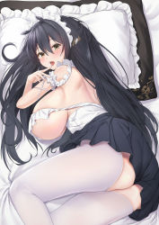 Rule 34 | 1girl, ass, ass cutout, azur lane, black hair, black skirt, breasts, choker, clothing cutout, crotchless, crotchless pantyhose, frilled choker, frilled pillow, frills, green eyes, hair between eyes, highres, huge breasts, indomitable (azur lane), indomitable (ms. motivationless maid) (azur lane), itaba atsushi, long hair, looking at viewer, lying, maid headdress, miniskirt, official alternate costume, on bed, on side, open mouth, pantyhose, pillow, pleated skirt, skirt, solo, tongue, tongue out, white pantyhose