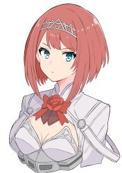 Rule 34 | 1girl, absurdres, ark royal (kancolle), blue eyes, bob cut, bow, breasts, cleavage, cleavage cutout, closed mouth, clothing cutout, collar, corset, cropped torso, flower, fuminomino, highres, kantai collection, looking at viewer, parted bangs, red bow, red flower, red hair, red ribbon, red rose, ribbon, rose, short hair, simple background, small breasts, solo, tiara, translation request, upper body, white background, white corset