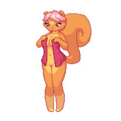 Rule 34 | 1girl, animated, animated gif, bottomless, breasts, breasts squeezed together, covering privates, covering breasts, female focus, full body, furry, furry female, joe randel, large breasts, long tail, lowres, navel, nude, pink hair, pixel art, pussy, simple background, solo, squirrel, standing, tail, towel, white background