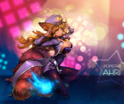 Rule 34 | 1girl, ahri (league of legends), alternate color, alternate costume, alternate hair color, animal ears, arms up, belt, black pantyhose, blonde hair, blue fire, breasts, character name, cleavage, cosplay, english text, facial mark, fingernails, fire, fireball, floating hair, fox ears, fox tail, from side, full body, girls&#039; generation, hands up, hat, heart, heart necklace, idol, jacket, jewelry, kneeling, large breasts, league of legends, legs apart, pantyhose under shorts, lens flare, light smile, lights, long fingernails, long hair, looking at viewer, multiple tails, nal (nal&#039;s pudding), necklace, open clothes, open jacket, pantyhose, peaked cap, popstar ahri, shadow, sharp fingernails, short shorts, shorts, sideboob, signature, smile, solo, stage lights, star (symbol), tail, very long hair, whisker markings, yellow eyes, zipper