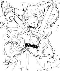 Rule 34 | 1girl, \o/, arms up, belt, blush, bow, chain, closed eyes, commentary request, dress, fangs, gourd, greyscale, hair bow, happy, horns, ibuki suika, long hair, monochrome, mozukuzu (manukedori), open mouth, outstretched arms, simple background, sleeveless, sleeveless dress, smile, solo, touhou, upper body, white background, wrist cuffs