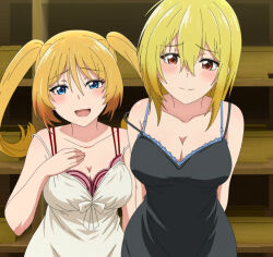 Rule 34 | 2girls, absurdres, aoba tsukuyo, arms behind back, black dress, blonde hair, blue bra, blue eyes, blush, bra, breasts, cleavage, collarbone, dress, hair between eyes, hand on own chest, highres, large breasts, long hair, looking at viewer, mia christoph, multiple girls, off shoulder, open mouth, red bra, red eyes, screencap, smile, stitched, temple (series), third-party edit, twintails, underwear, white dress