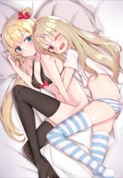 Rule 34 | 2girls, absurdres, akai haato, bad id, bad pixiv id, black bra, black legwear, blonde hair, blue eyes, blush, bra, brown hair, civia, collarbone, feet out of frame, hair ornament, heart, heart hair ornament, highres, hololive, hololive china, horns, hug, hug from behind, long hair, looking at another, looking at viewer, lying, midriff, multiple girls, navel, no panties, on bed, on side, one side up, open mouth, panties, parted lips, purple eyes, shirt, single horn, striped clothes, striped legwear, striped panties, striped thighhighs, tail, thighhighs, underwear, very long hair, virtual youtuber, white shirt, xiao lin jiu, yuri