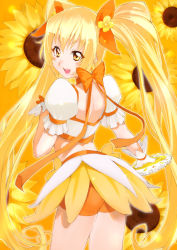 Rule 34 | 10s, 1girl, bow, cure sunshine, floral background, flower, hamunohei, heartcatch precure!, highres, long hair, magical girl, myoudouin itsuki, orange background, orange bow, orange theme, precure, skirt, solo, twintails, very long hair, yellow skirt