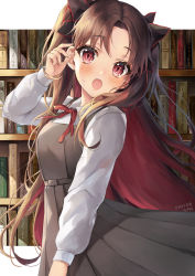 Rule 34 | 1girl, :o, absurdres, artist name, bad id, bad pixiv id, black dress, black ribbon, blush, book, bookshelf, brown hair, commentary request, cowboy shot, dress, elbow gloves, fate/grand order, fate (series), gloves, hair ribbon, highres, indoors, ishida umi, ishtar (fate), long sleeves, looking at viewer, multicolored hair, neck ribbon, open mouth, parted bangs, pinafore dress, red eyes, red hair, red ribbon, ribbon, sleeveless dress, solo, space ishtar (fate), striped, sweat, two-tone hair, two side up, vertical stripes