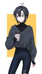 Rule 34 | 1girl, absurdres, antenna hair, black eyes, black hair, black undershirt, blush, cup, denim, disposable cup, expressionless, grey sweater, highres, holding, holding cup, idolmaster, idolmaster (classic), jewelry, kikuchi makoto, looking to the side, necklace, pants, short hair, sleeves past wrists, solo, sweater, torn clothes, torn pants, two-tone background, vickyycy99
