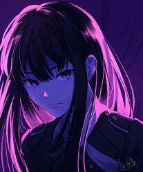 Rule 34 | 1girl, backlighting, black hair, chxoswolf, closed mouth, commentary, english commentary, expressionless, inoue takina, jacket, long hair, looking at viewer, lycoris recoil, lycoris uniform, neon palette, pink theme, portrait, purple background, purple eyes, purple theme, serious, signature, solo
